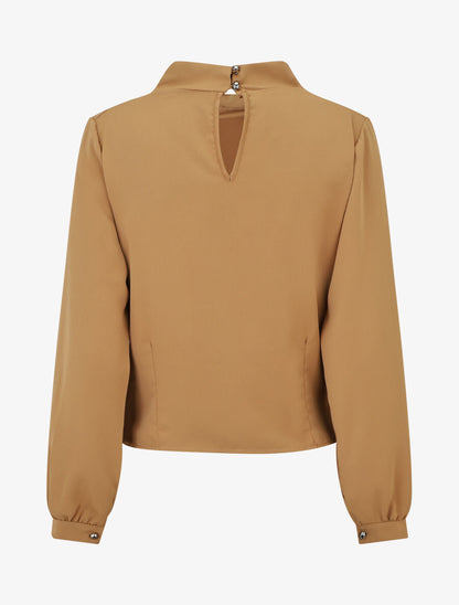Blouse unie à col bénitier montant - Camel - 2