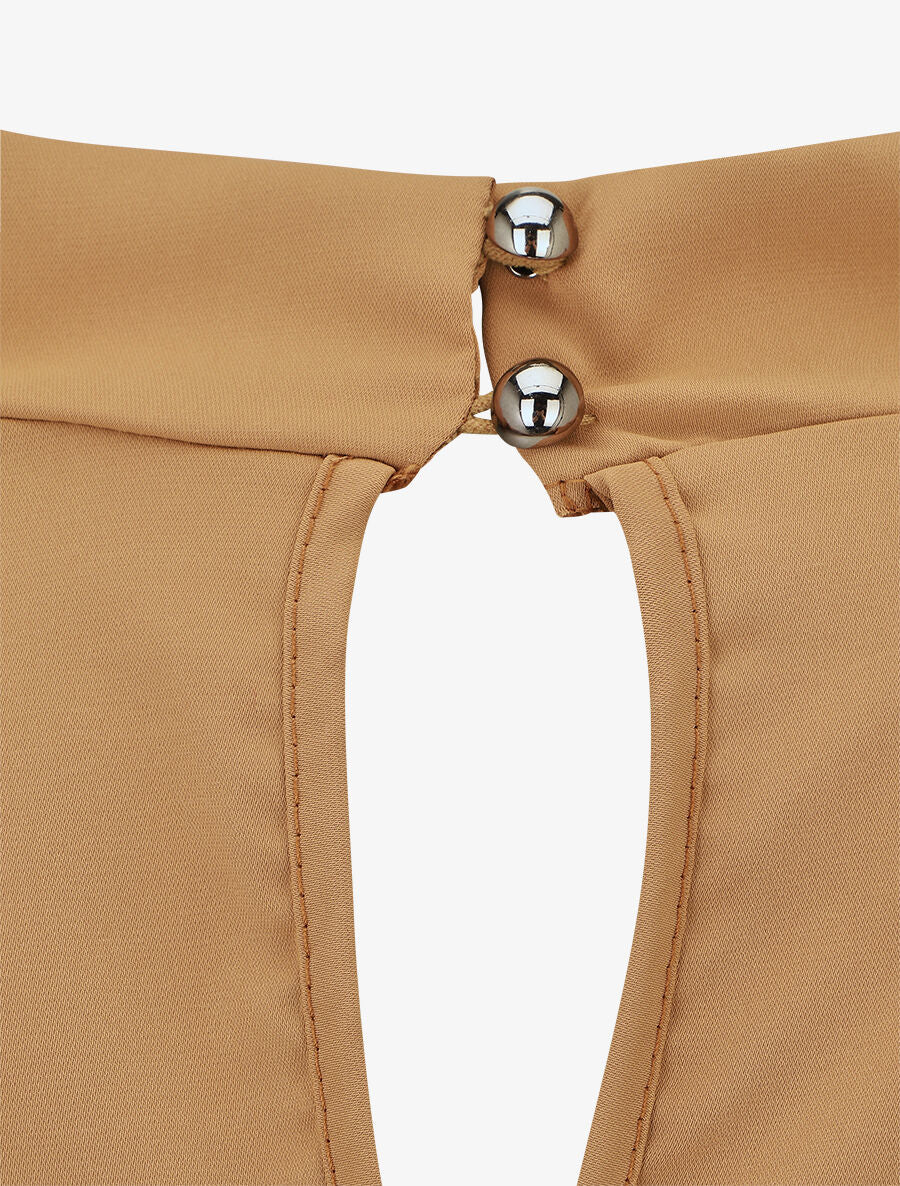 Blouse unie à col bénitier montant - Camel - 3