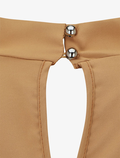 Blouse unie à col bénitier montant - Camel - 3
