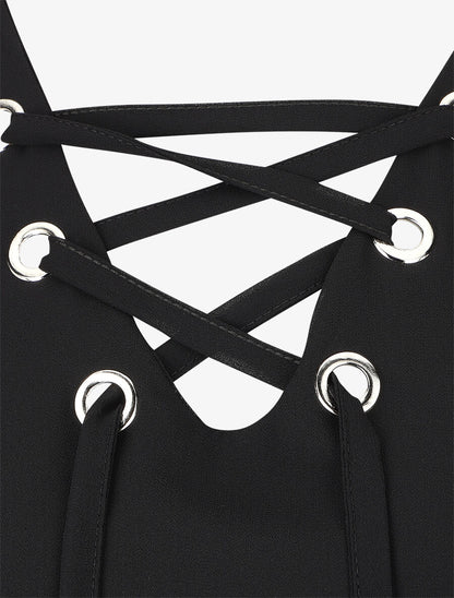 Blouse unie avec lacets - Noir - 3