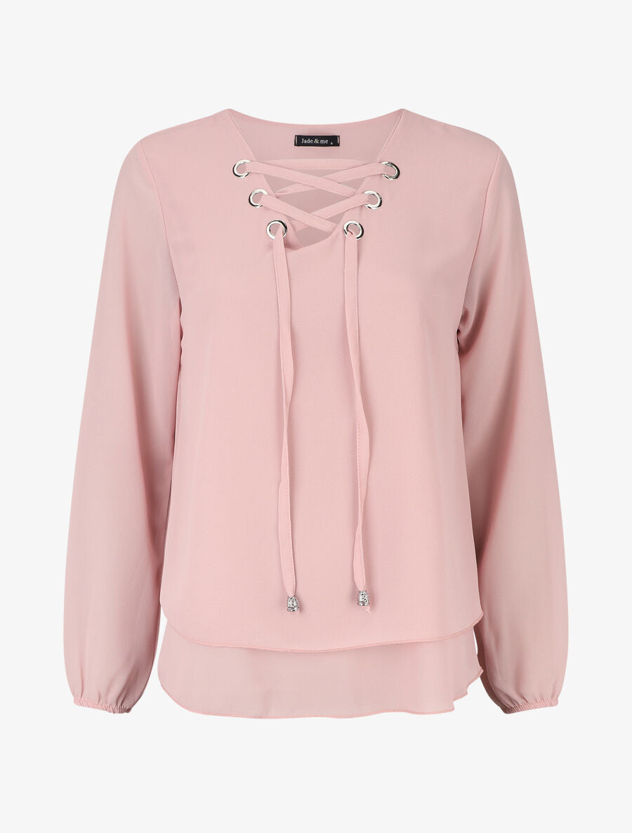 Blouse unie avec lacets - Rose - 1
