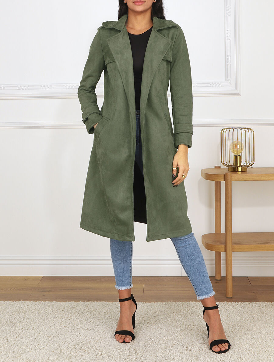 Trench long uni en suédine - Kaki - 4