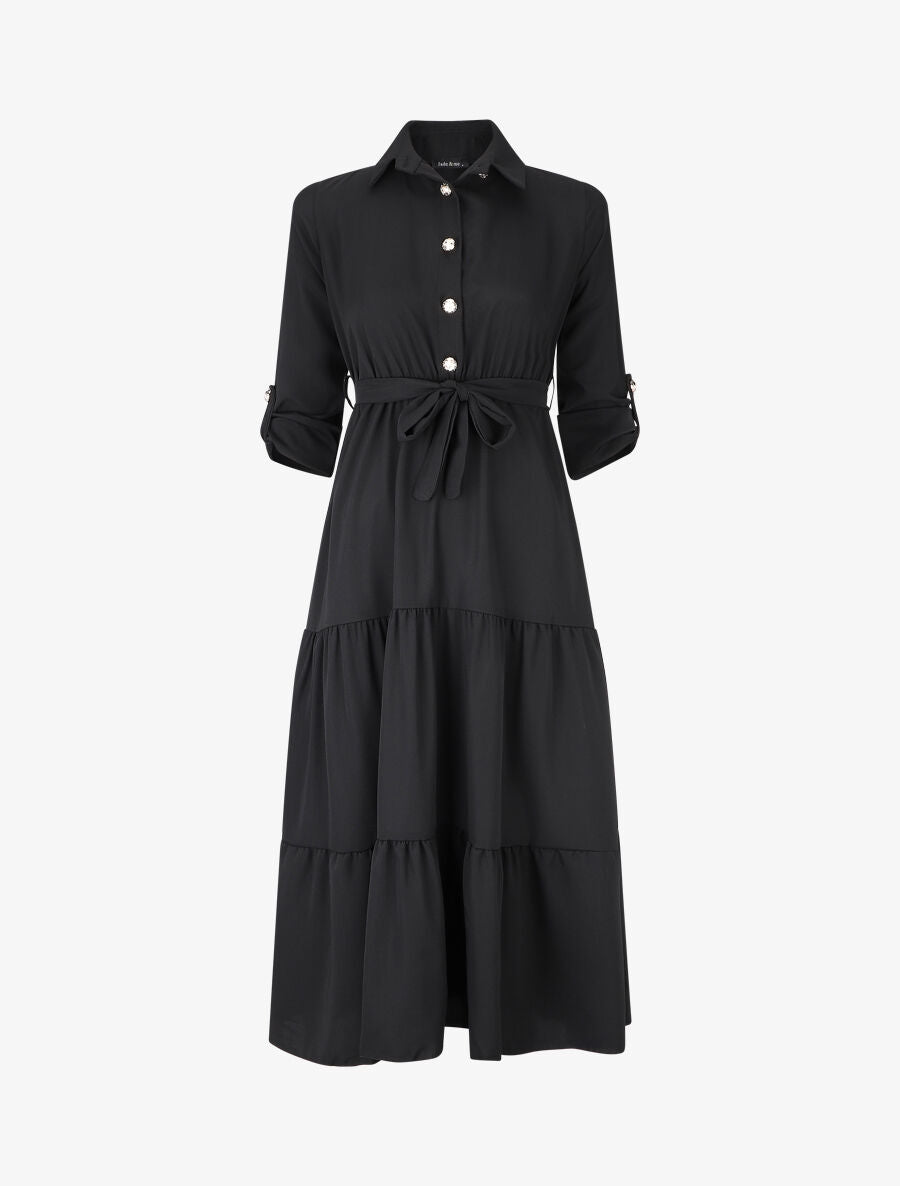 Robe longue à manches longues retroussables - Noir - 1