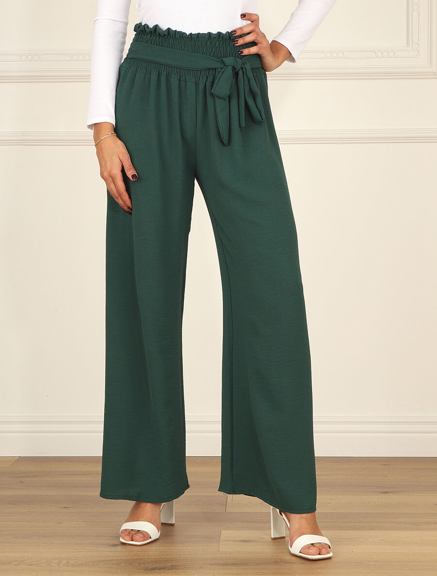 Pantalon uni à taille élastiquée - Vert sapin - 4