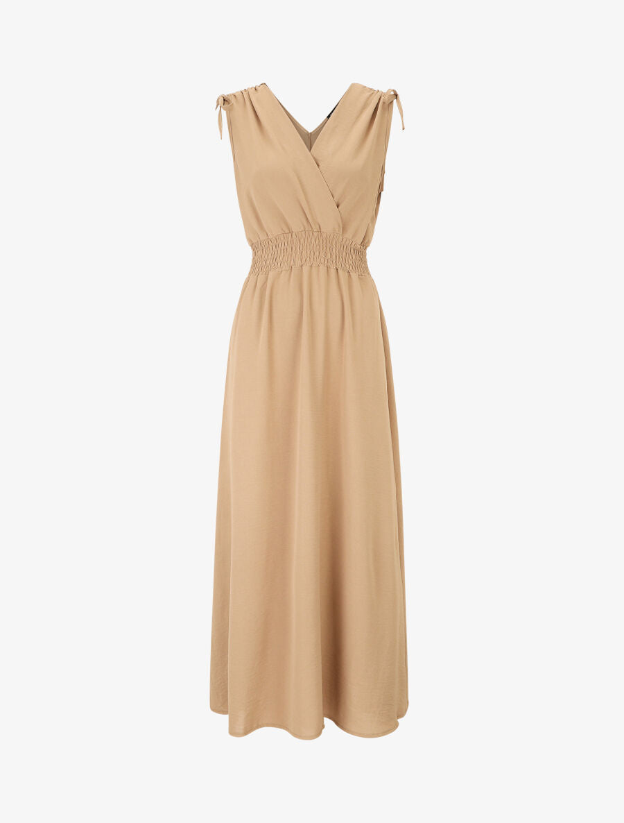 Robe longue coupe empire à taille élastiquée - Camel - 1