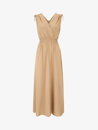 Robe longue coupe empire à taille élastiquée - Camel - 1