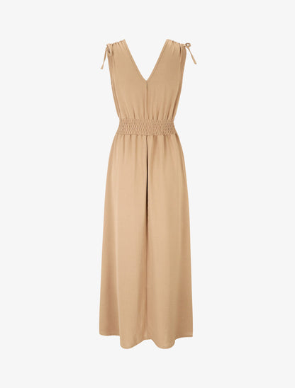 Robe longue coupe empire à taille élastiquée - Camel - 2