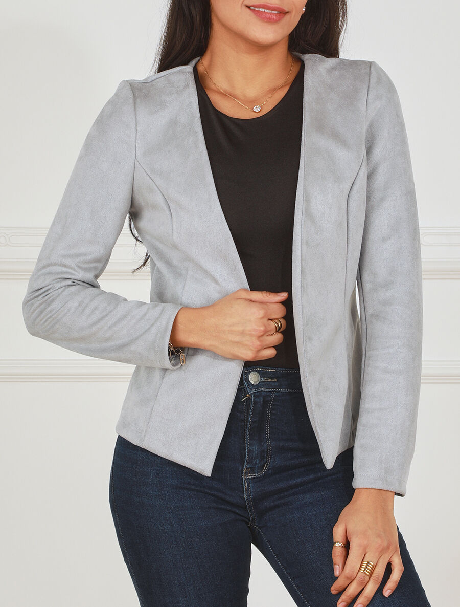 Blazer uni en suédine - Gris - 4