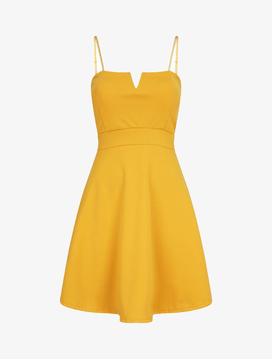 Robe courte coupe patineuse à buste fendu - Jaune - 1
