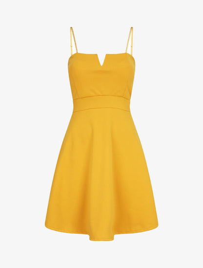 Robe courte coupe patineuse à buste fendu - Jaune - 1