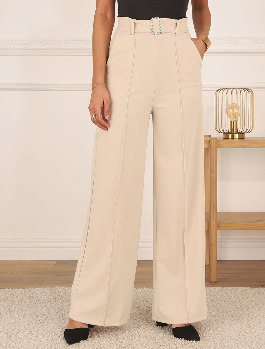 Pantalon long ample à détail bijoux - Beige - 4