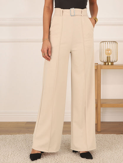 Pantalon long ample à détail bijoux - Beige - 4