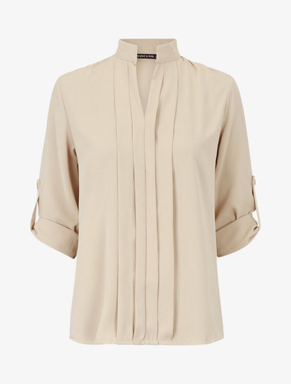 Blouse unie à manches retroussables - Beige - 5
