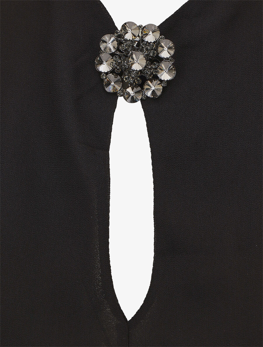 Blouse unie en voile à détail bijoux - Noir - 3