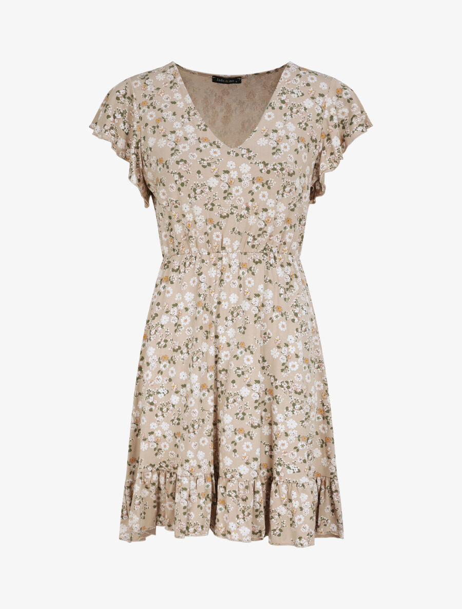 Robe courte coupe patineuse à imprimé fleuri - Beige - 1