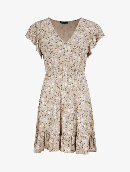 Robe courte coupe patineuse à imprimé fleuri - Beige - 1