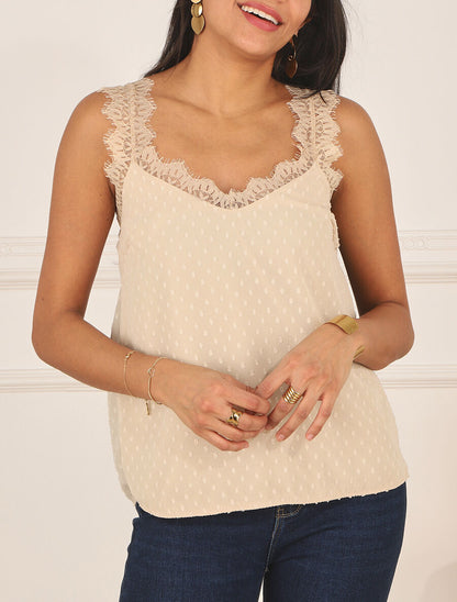 Top uni sans manches texturé - Beige - 4