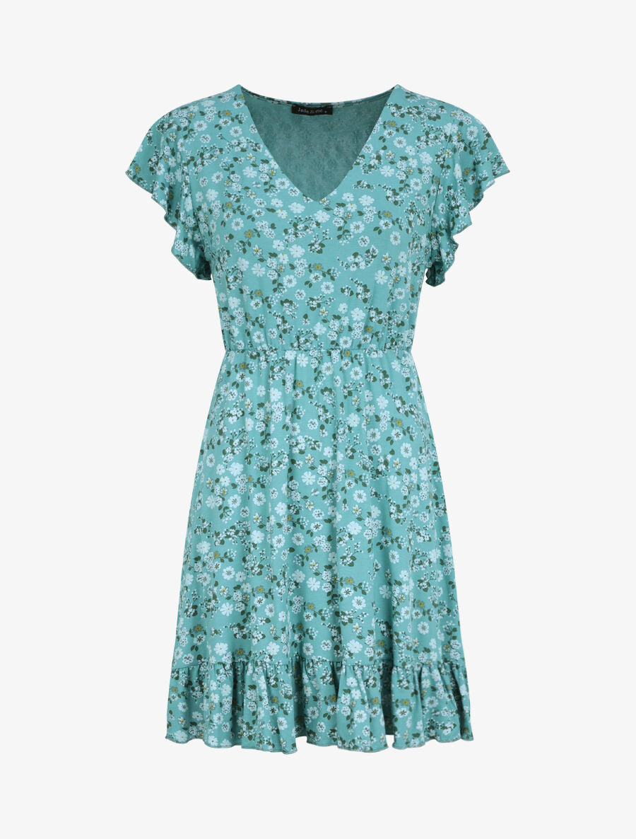 Robe courte coupe patineuse à imprimé fleuri - Vert menthe - 1