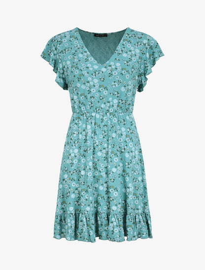 Robe courte coupe patineuse à imprimé fleuri - Vert menthe - 1