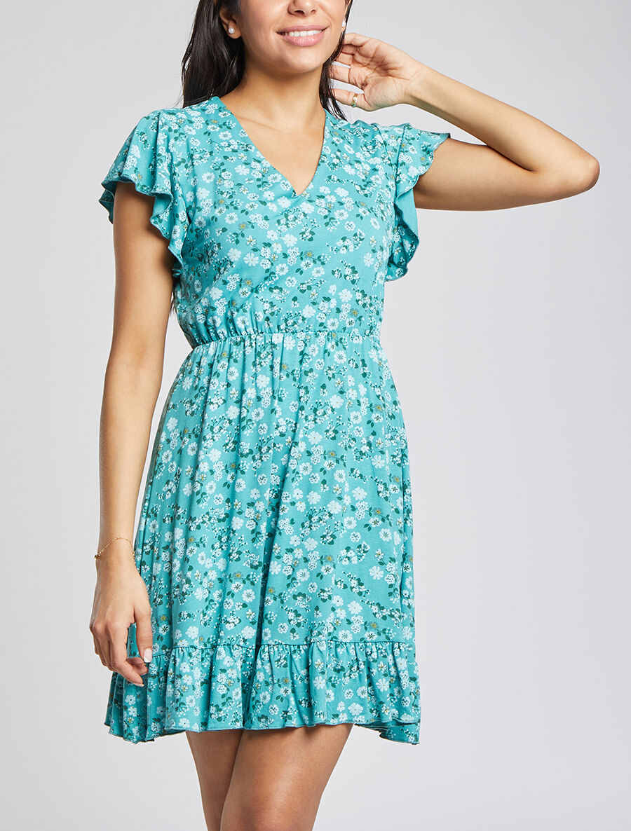 Robe courte coupe patineuse à imprimé fleuri - Vert menthe - 4