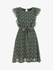 Robe élastiquée à manches volantées - Vert sapin - 1