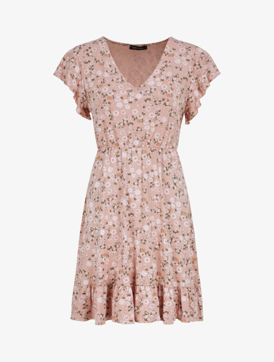 Robe courte coupe patineuse à imprimé fleuri - Vieux rose - 1
