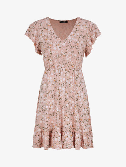 Robe courte coupe patineuse à imprimé fleuri - Vieux rose - 1