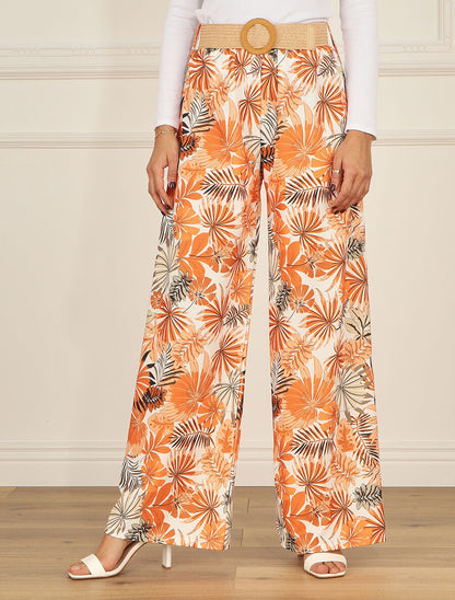 Pantalon ample élastiqué à imprimé feuillage - Orange - 4
