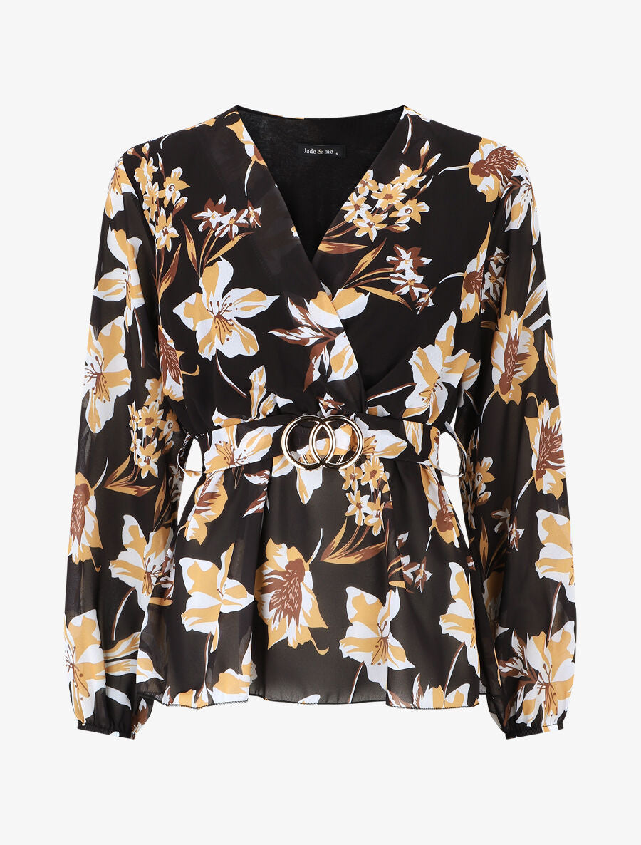 Blouse cache-coeur à imprimé fleuri - Noir - 1