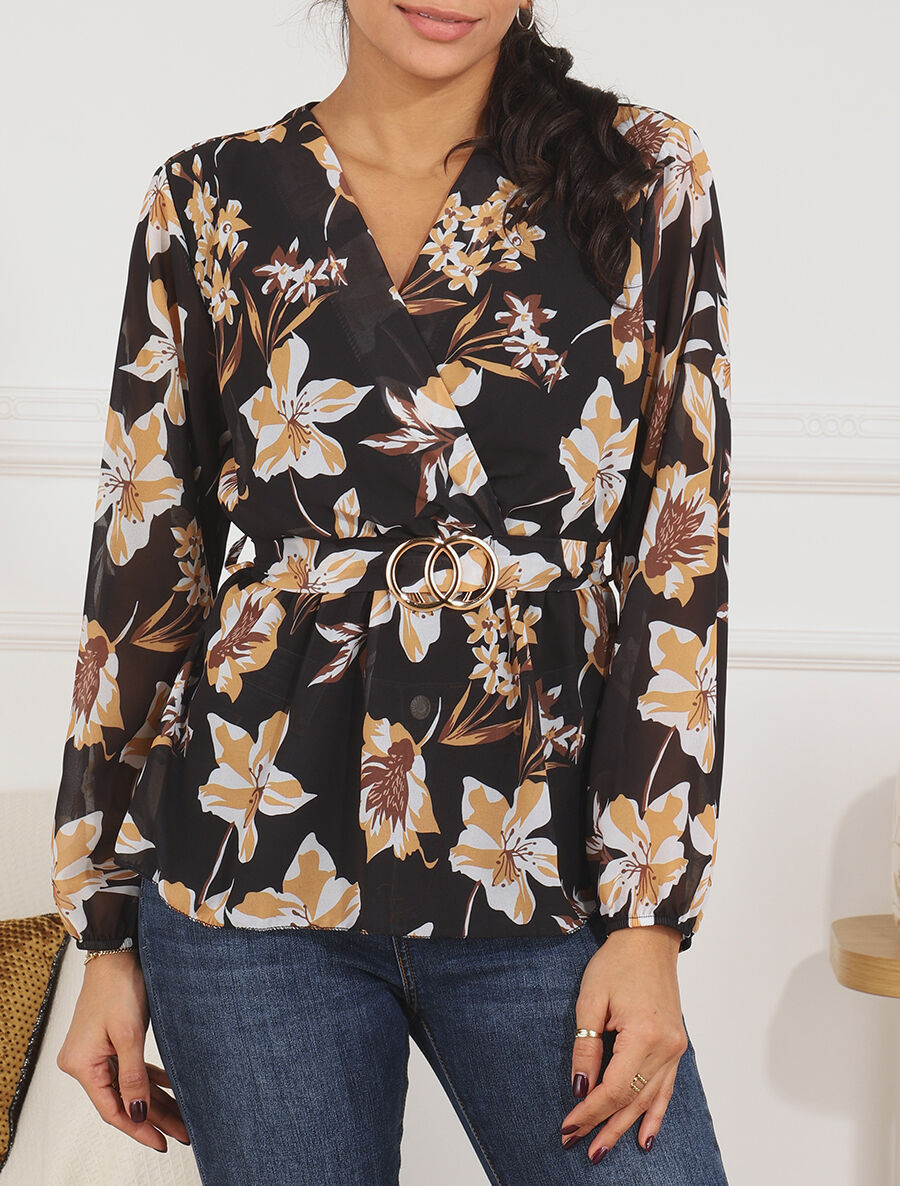 Blouse cache-coeur à imprimé fleuri - Noir - 4
