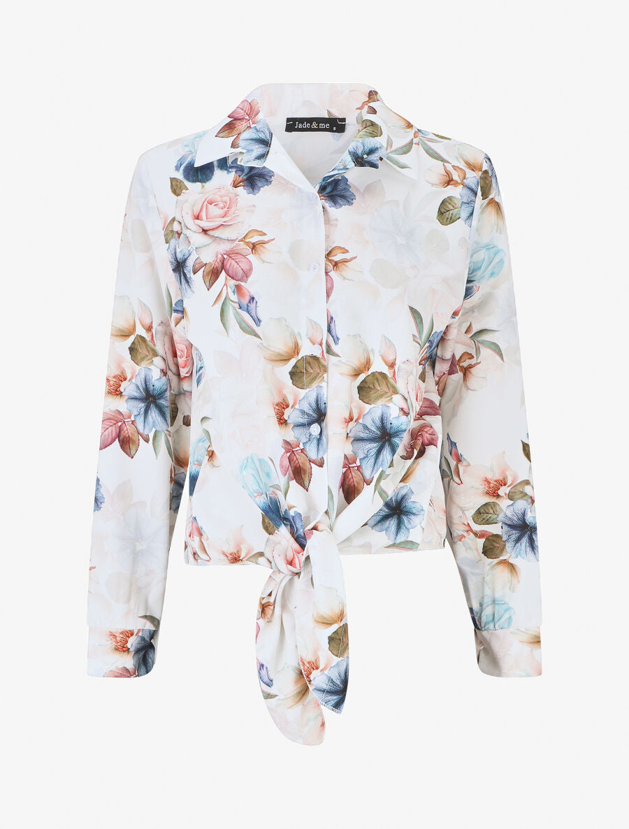 Blouse à nouer imprimé fleuri - Blanc - 5