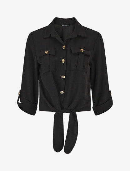 Blouse à nouer et manches retroussables - Noir - 1