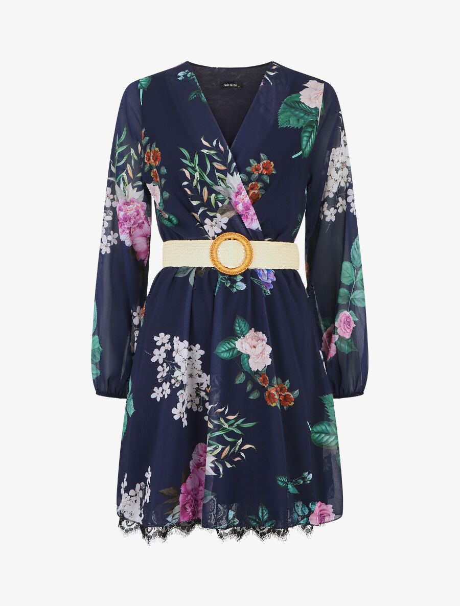 Robe mi-longue imprimé fleurs à taille élastiquée - Marine - 1