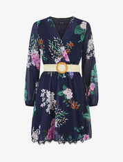 Robe mi-longue imprimé fleurs à taille élastiquée - Marine - 1
