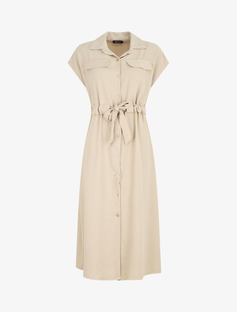 Robe longue style chemise à manches longues - Beige - 1
