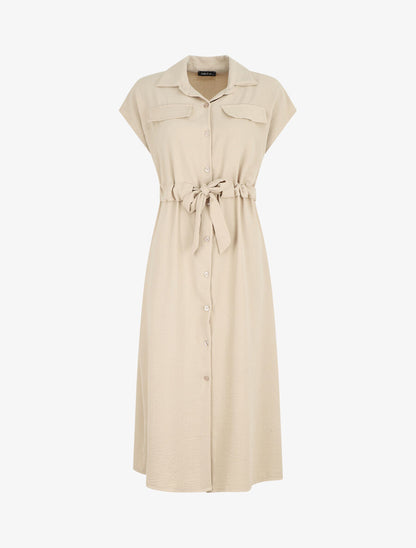 Robe longue style chemise à manches longues - Beige - 1