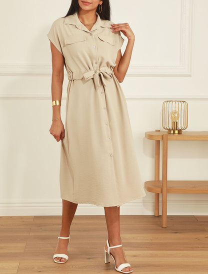 Robe longue style chemise à manches longues - Beige - 4