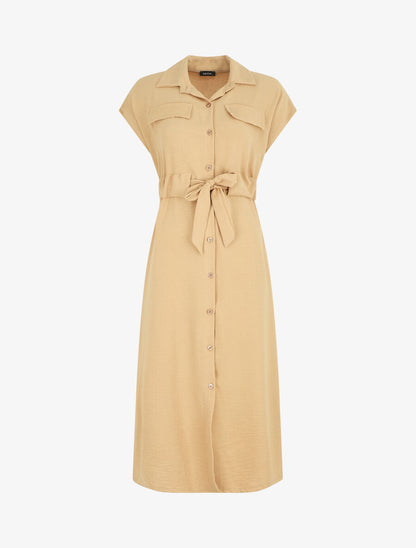 Robe longue style chemise à manches longues - Camel - 1