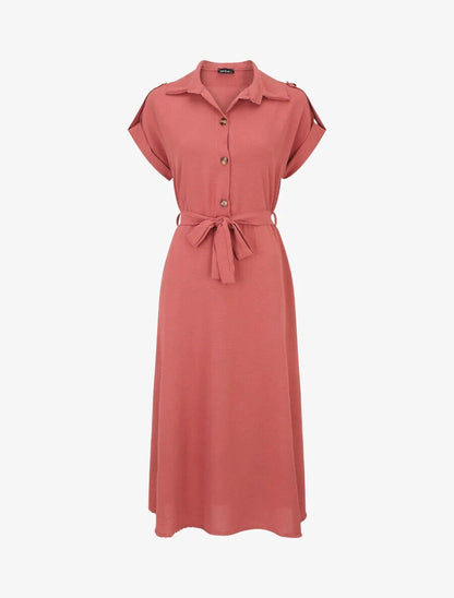 Robe longue fluide à manches courtes - Corail - 1