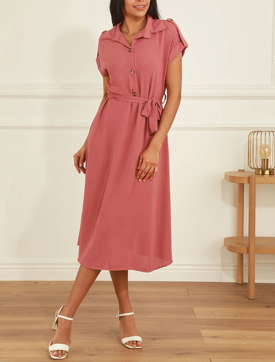 Robe longue fluide à manches courtes - Corail - 4