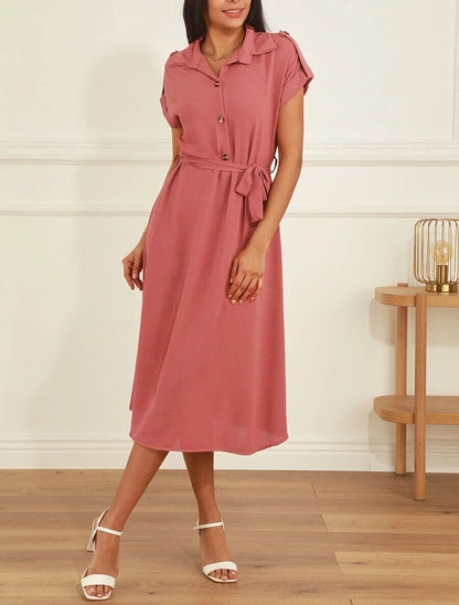 Robe longue fluide à manches courtes - Corail - 4