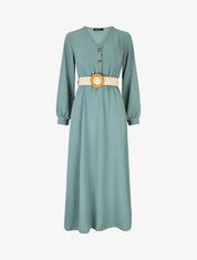 Robe longue évasée unie à manches longues - Bleu clair - 5