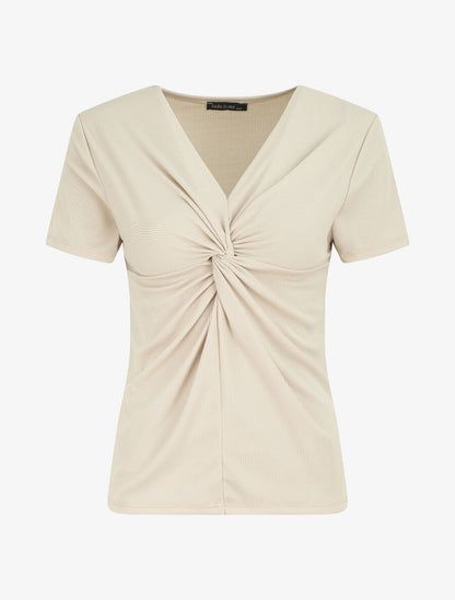 Top à col V froncé - Beige - 1