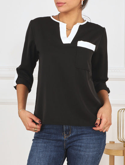 Blouse unie fluide à manches retroussables - Noir - 4