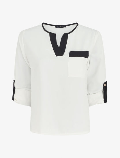 Blouse unie fluide à manches retroussables - Blanc - 5