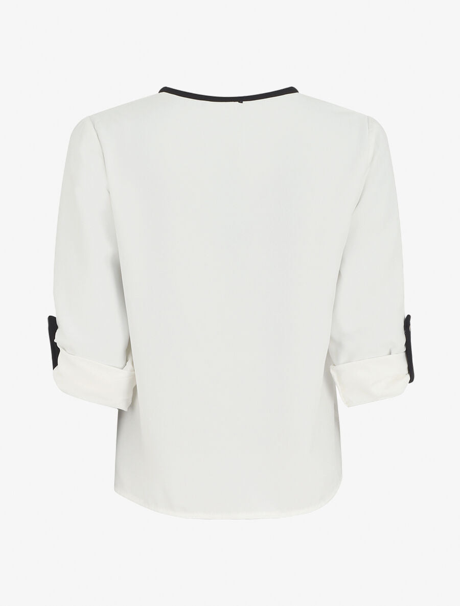 Blouse unie fluide à manches retroussables - Blanc - 2