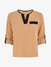Blouse unie fluide à manches retroussables - Camel - 1