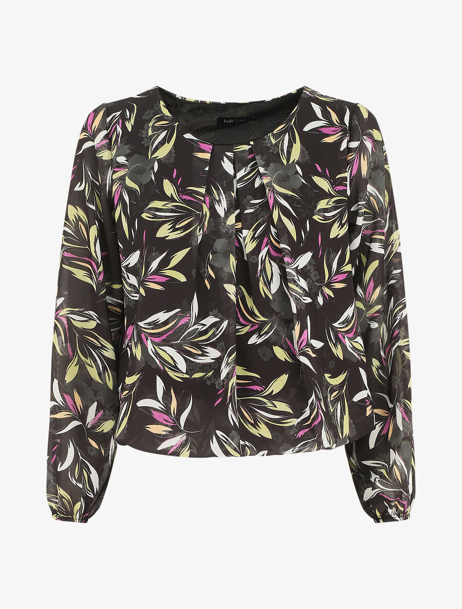 Blouse en voile coupe boule imprimé feuilles - Noir - 5
