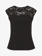 Top uni coupe droite épaules en dentelle - Noir - 1