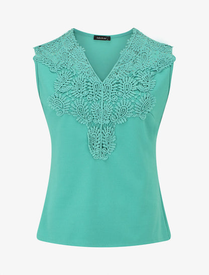 Top uni sans manches col en crochet - Turquoise - 5